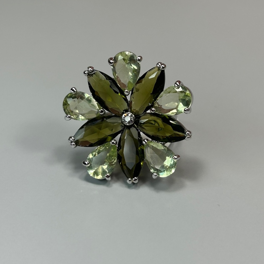 Camille Lucie Olive Green Floral Stone Silver Statement Ring